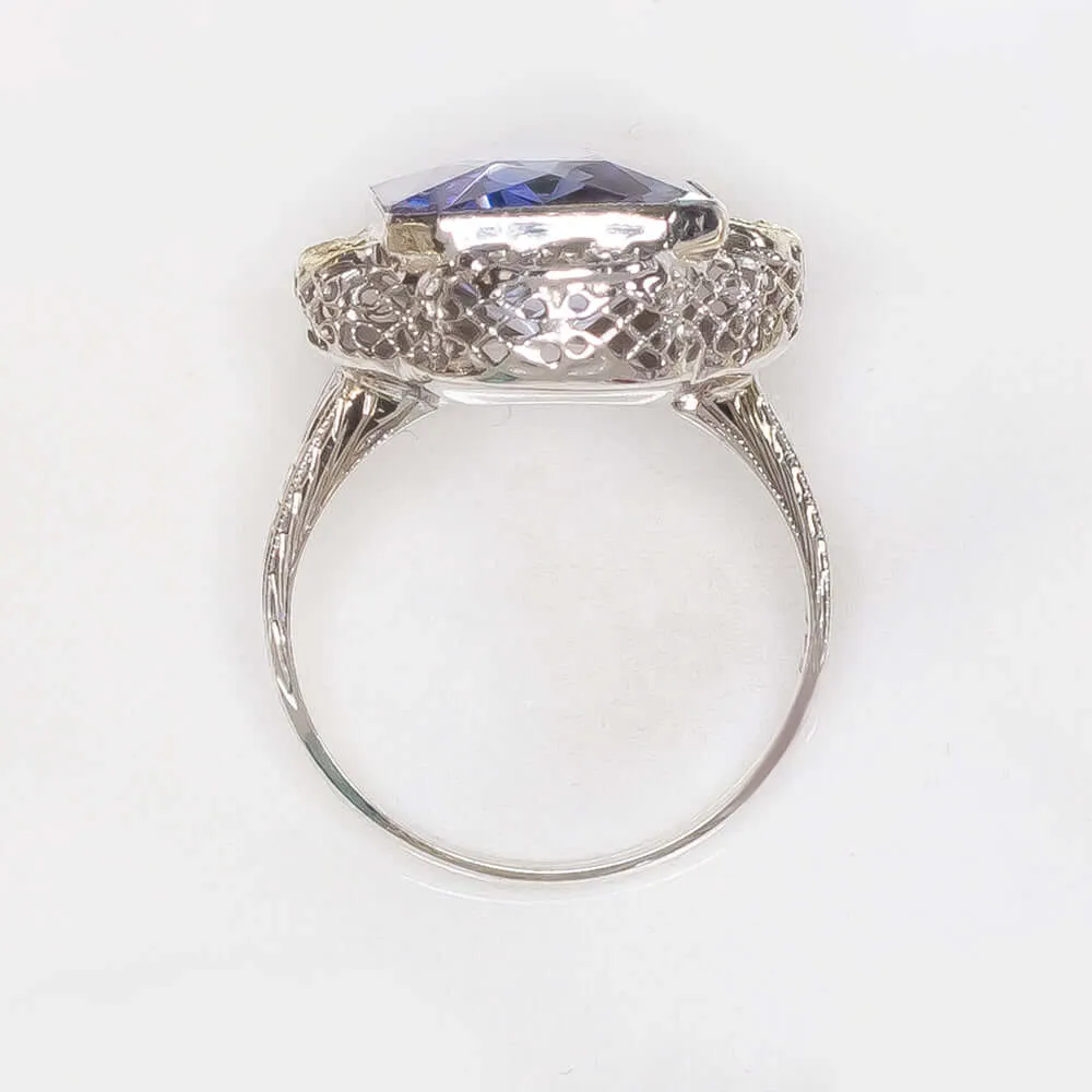 BLUE SPINEL 14k TWO TONE GOLD VINTAGE COCKTAIL RING FILIGREE ESTATE STATEMENT