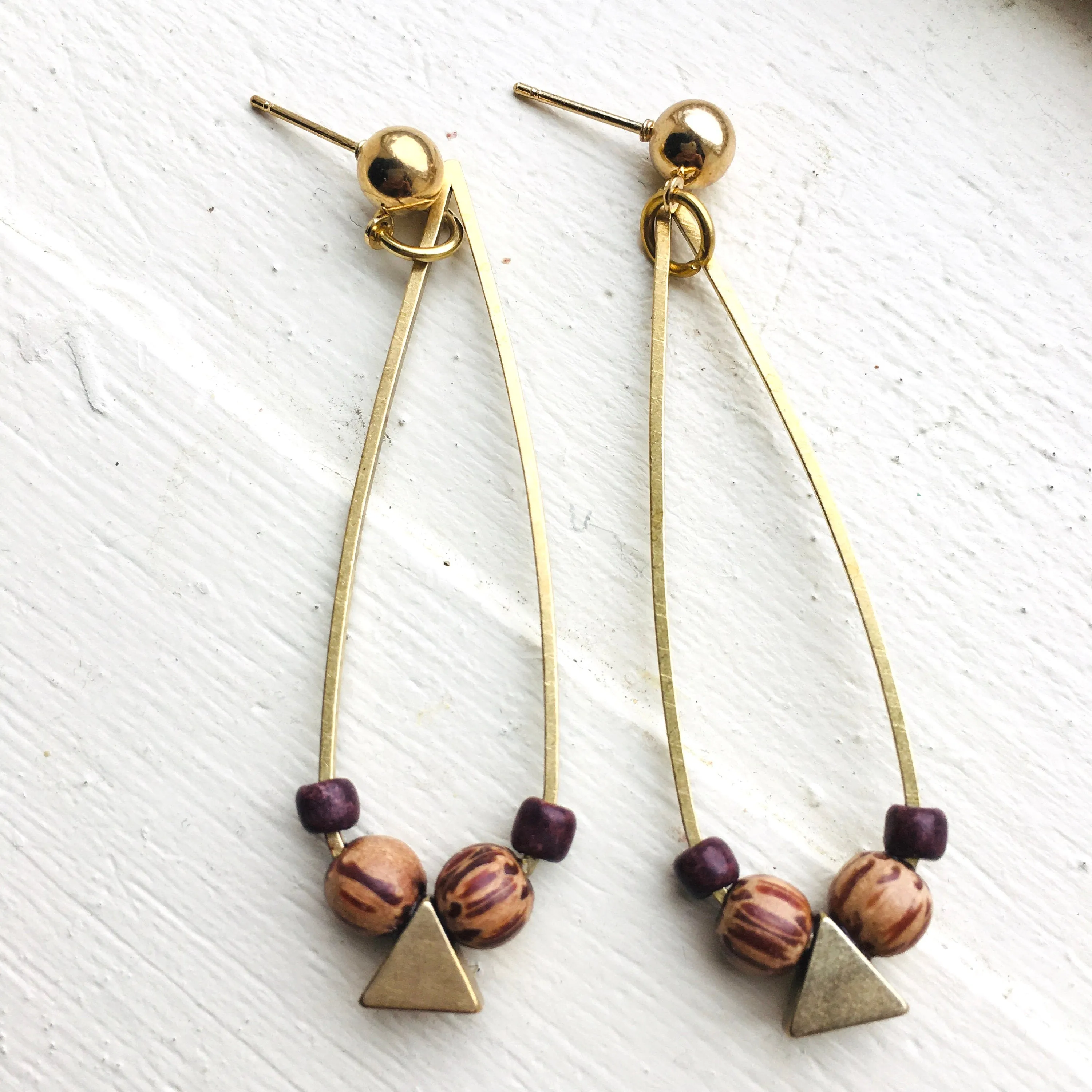 Brass Teardrop Hoop Earrings with Wood and Brass Triangle Beads