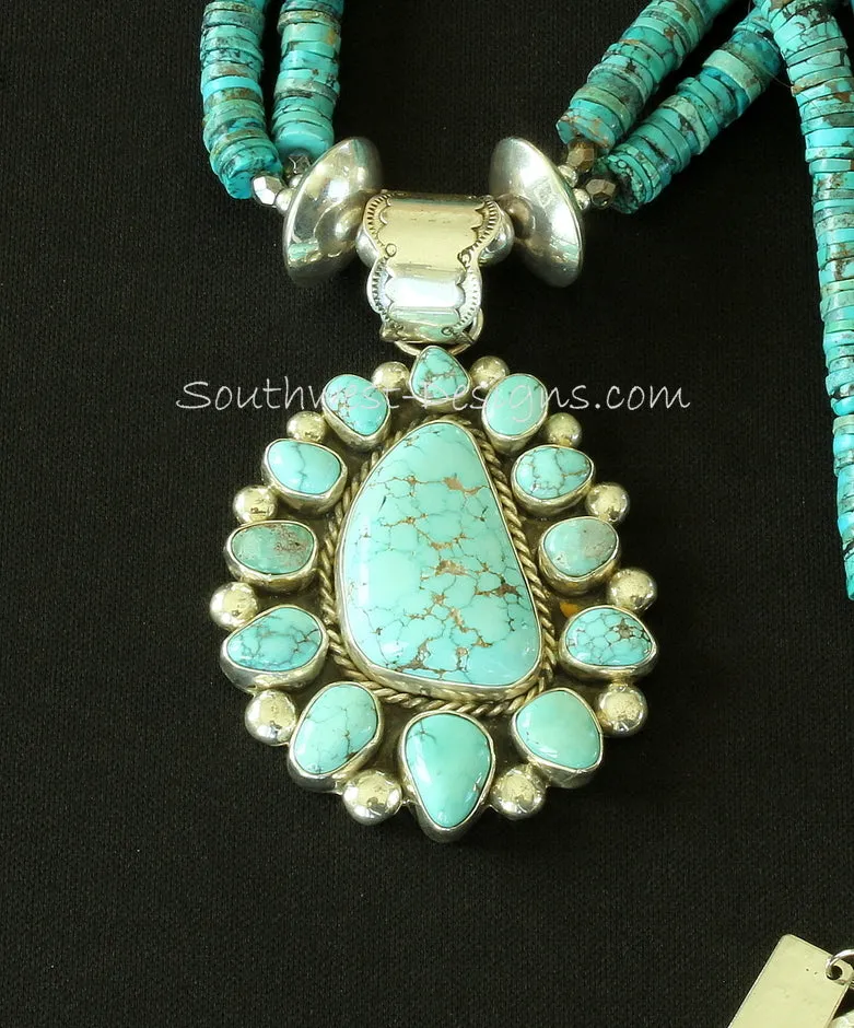 Carico Lake Turquoise and Sterling Silver 13-Stone Pendant with 2 Strands of Kingman Turquoise Heishi, Fire Polished Glass & Sterling Silver