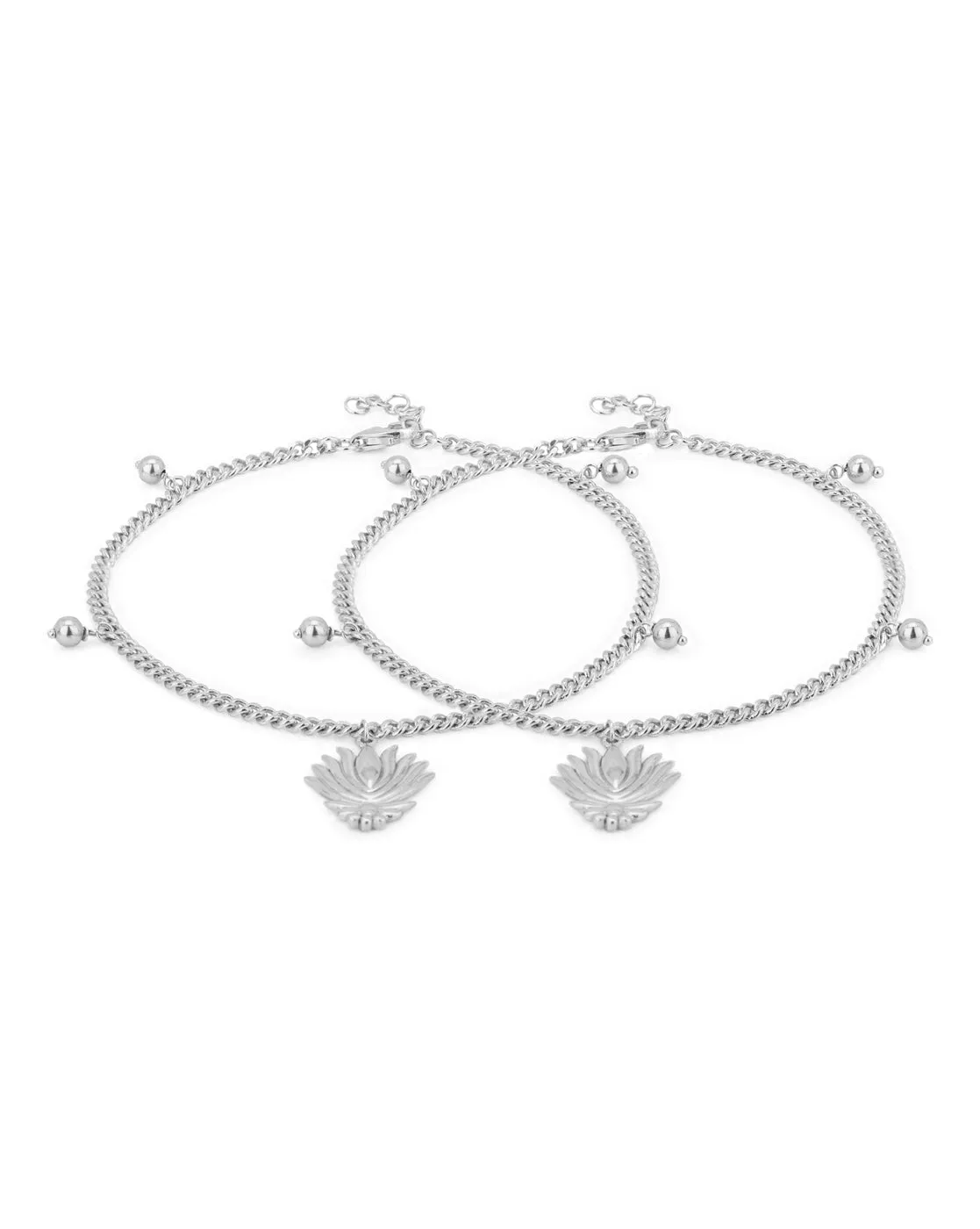 Carlton London -Set Of 2 Rhodium-Plated Silver Toned Lotus Shape Silver Beaded Anklets For Women