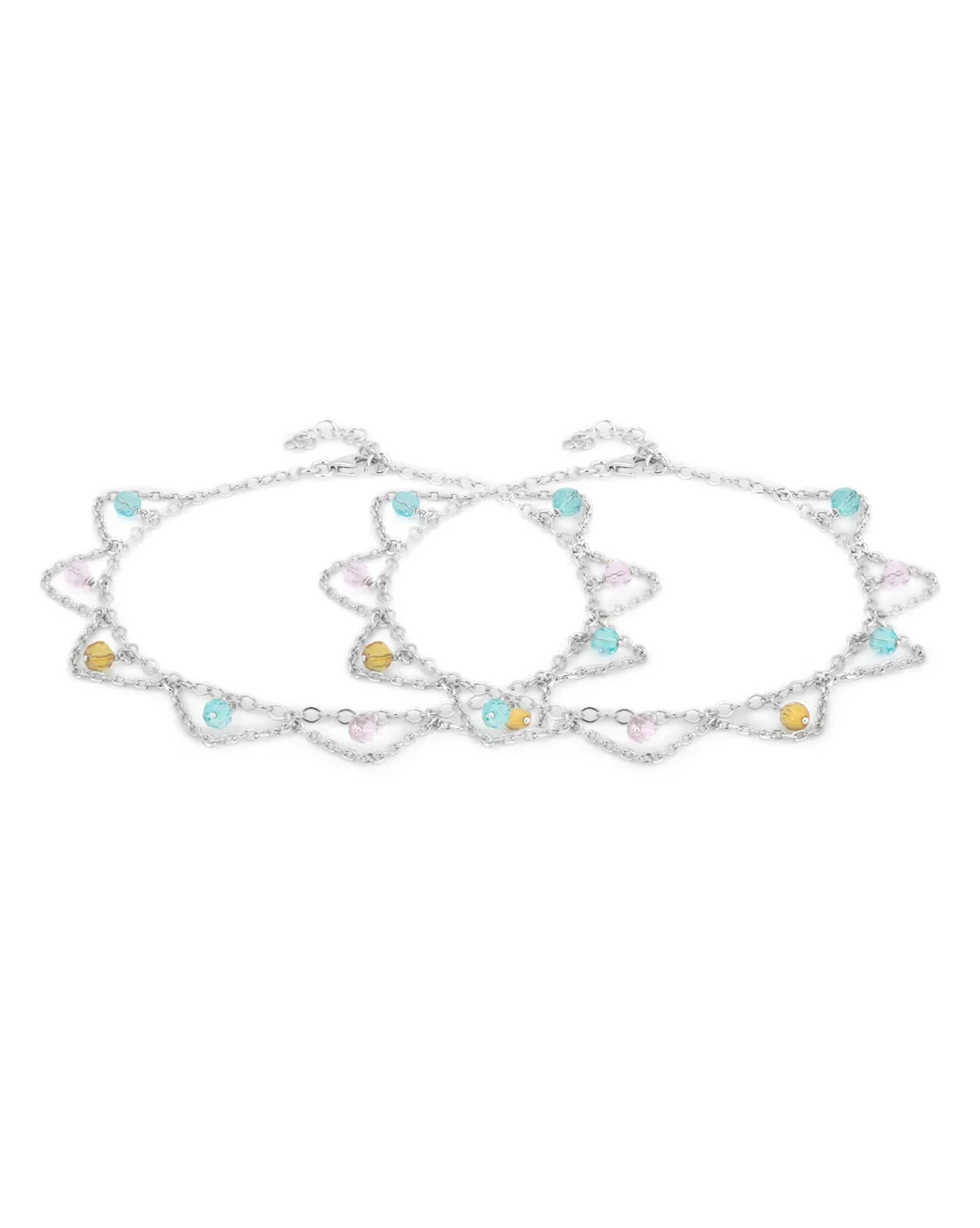 Carlton London -Set Of 2 Rhodium-Plated Silver Toned Multi Beaded Layered Anklets For Women