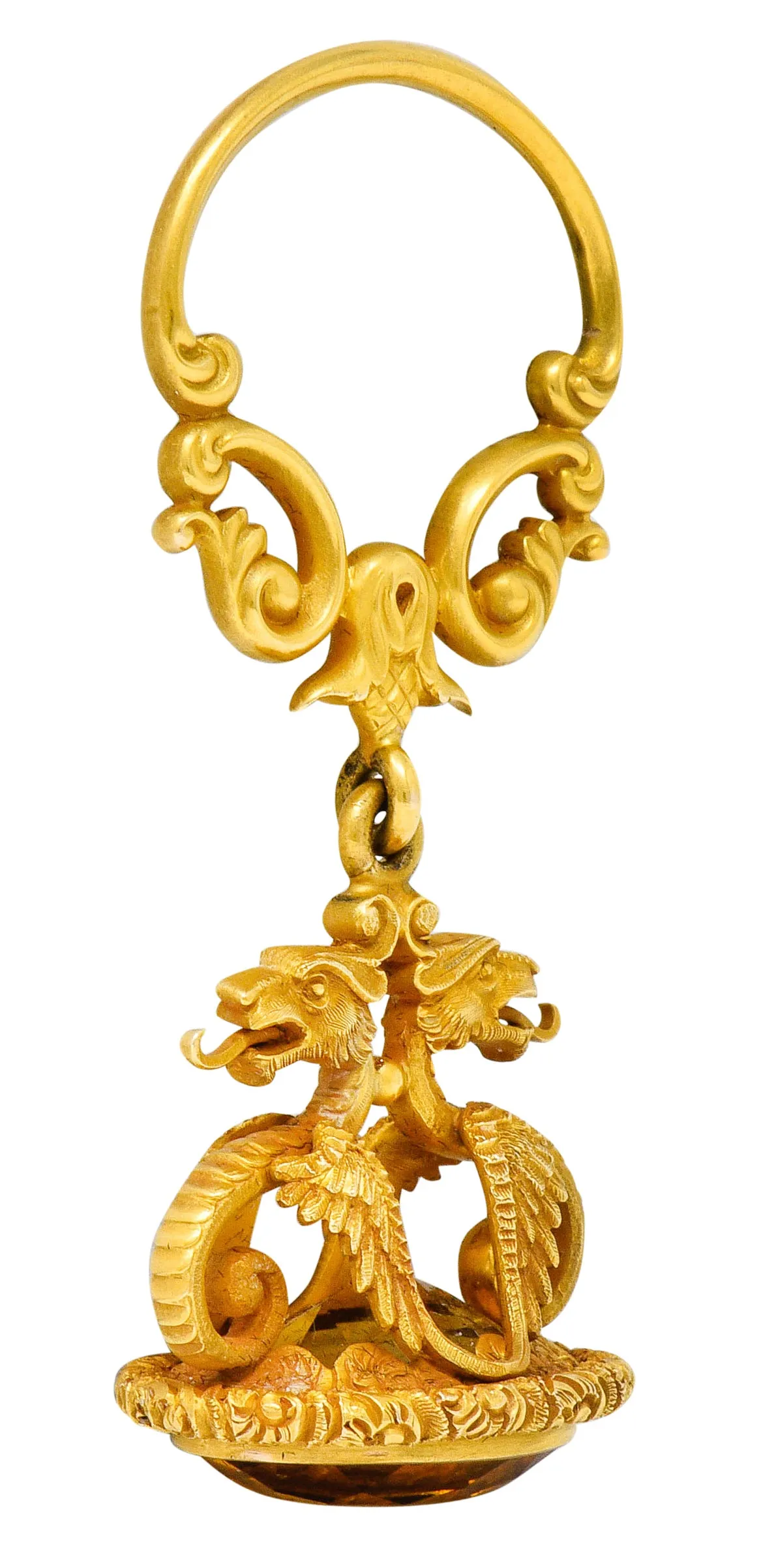 Carter & Gough Art Nouveau Citrine 14 Karat Gold Dragon Fob Pendant