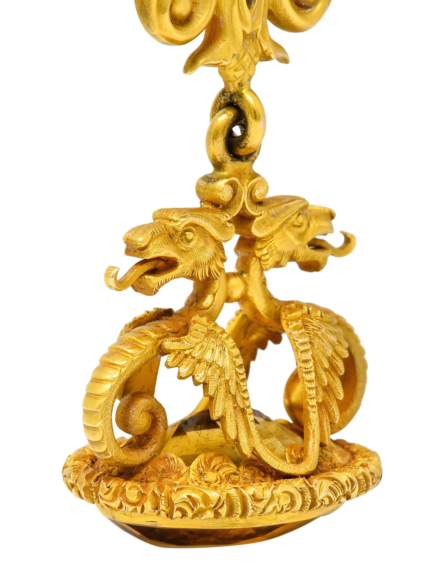 Carter & Gough Art Nouveau Citrine 14 Karat Gold Dragon Fob Pendant