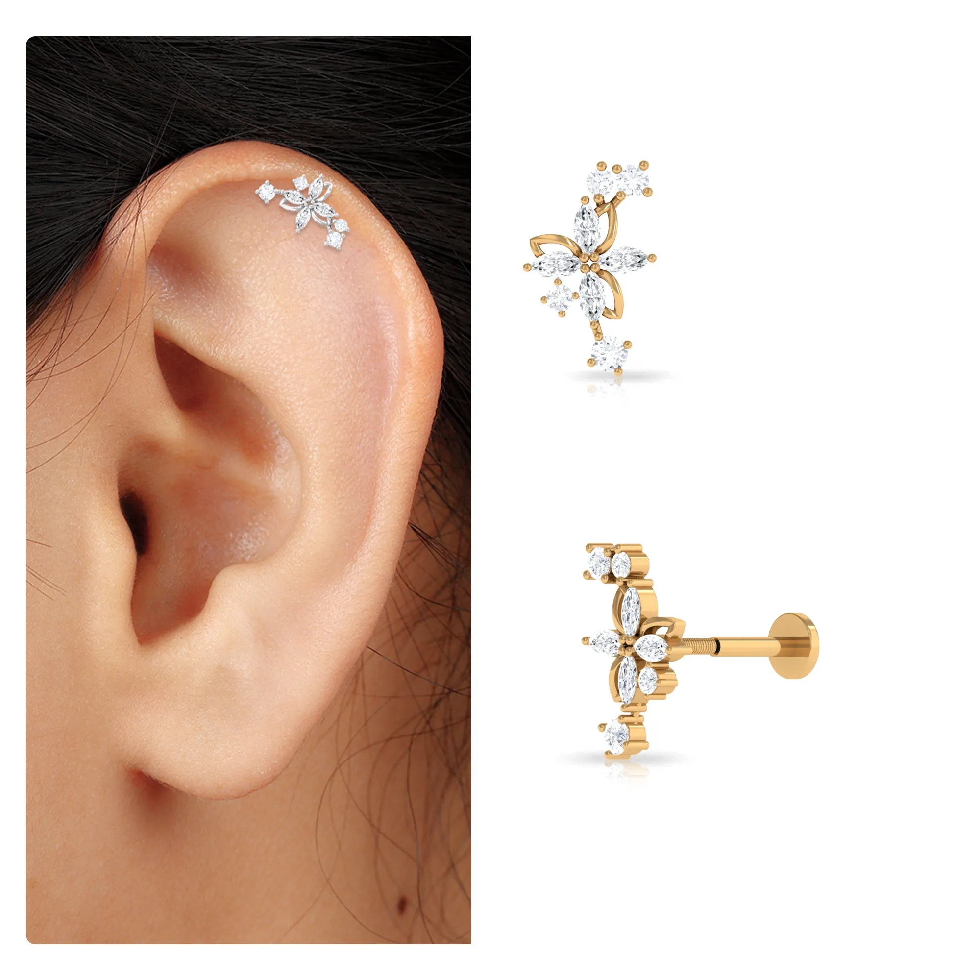 Certified Moissanite Gold Flower Crawler Earring