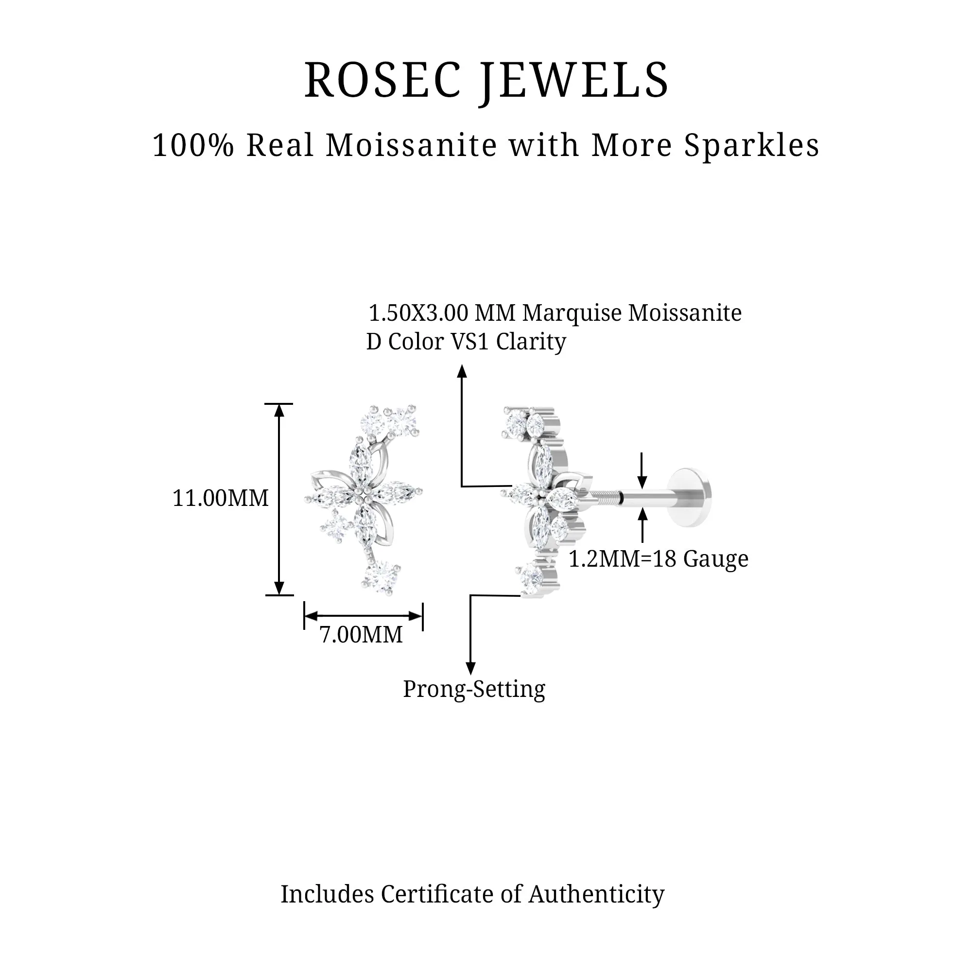 Certified Moissanite Gold Flower Crawler Earring