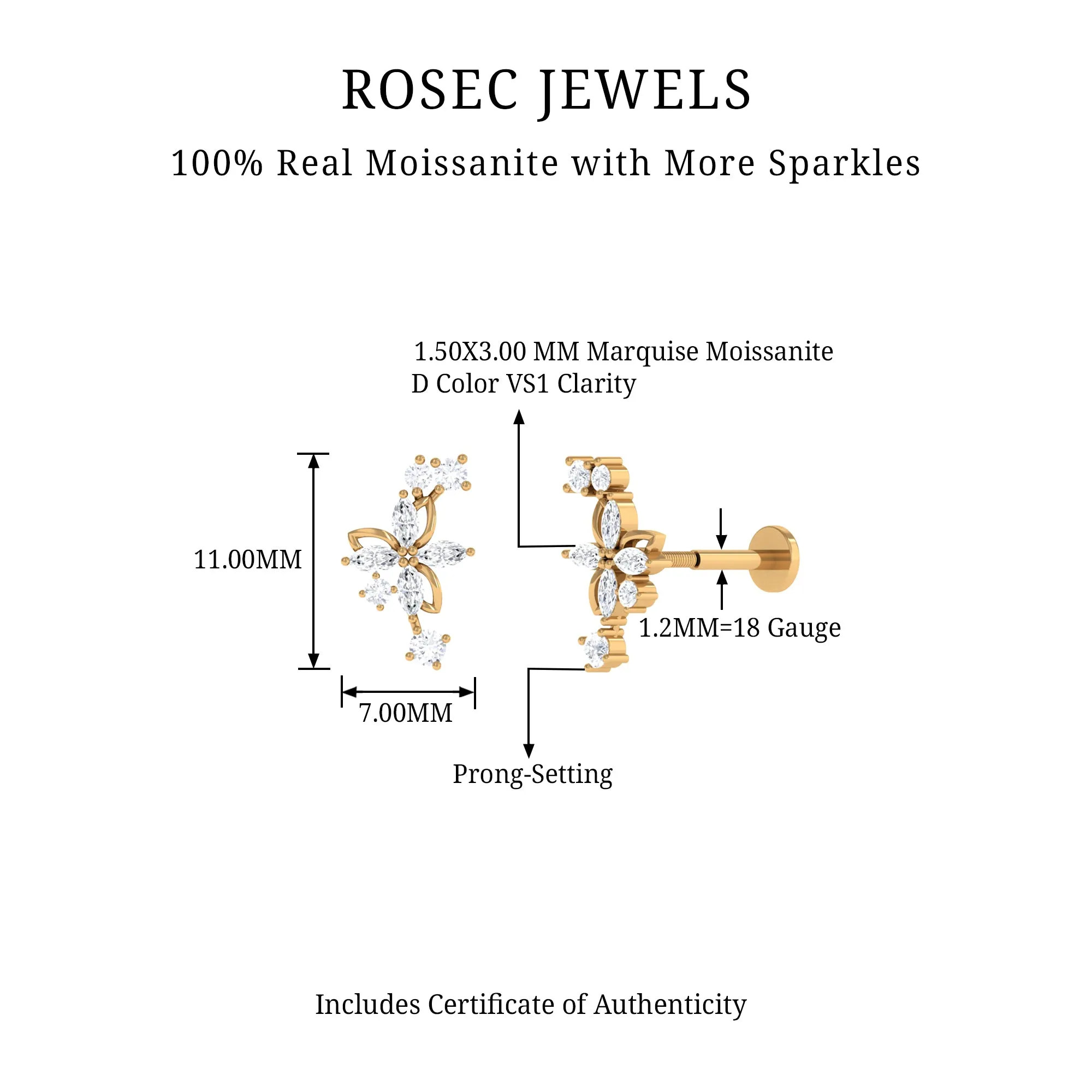 Certified Moissanite Gold Flower Crawler Earring