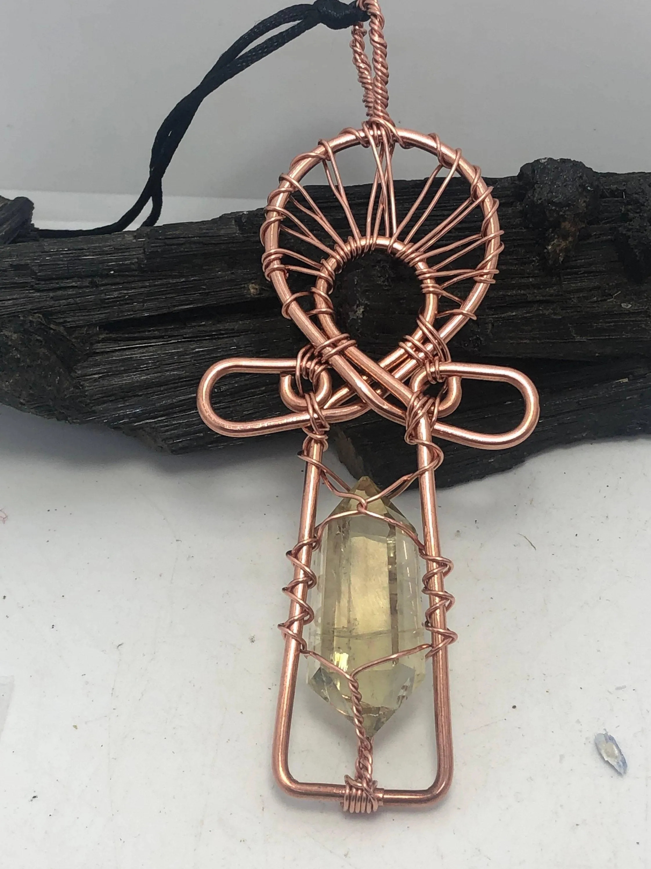 Citrine Kemetic Coptic Cross Copper Ankh Wirewrapped Pendant Necklace