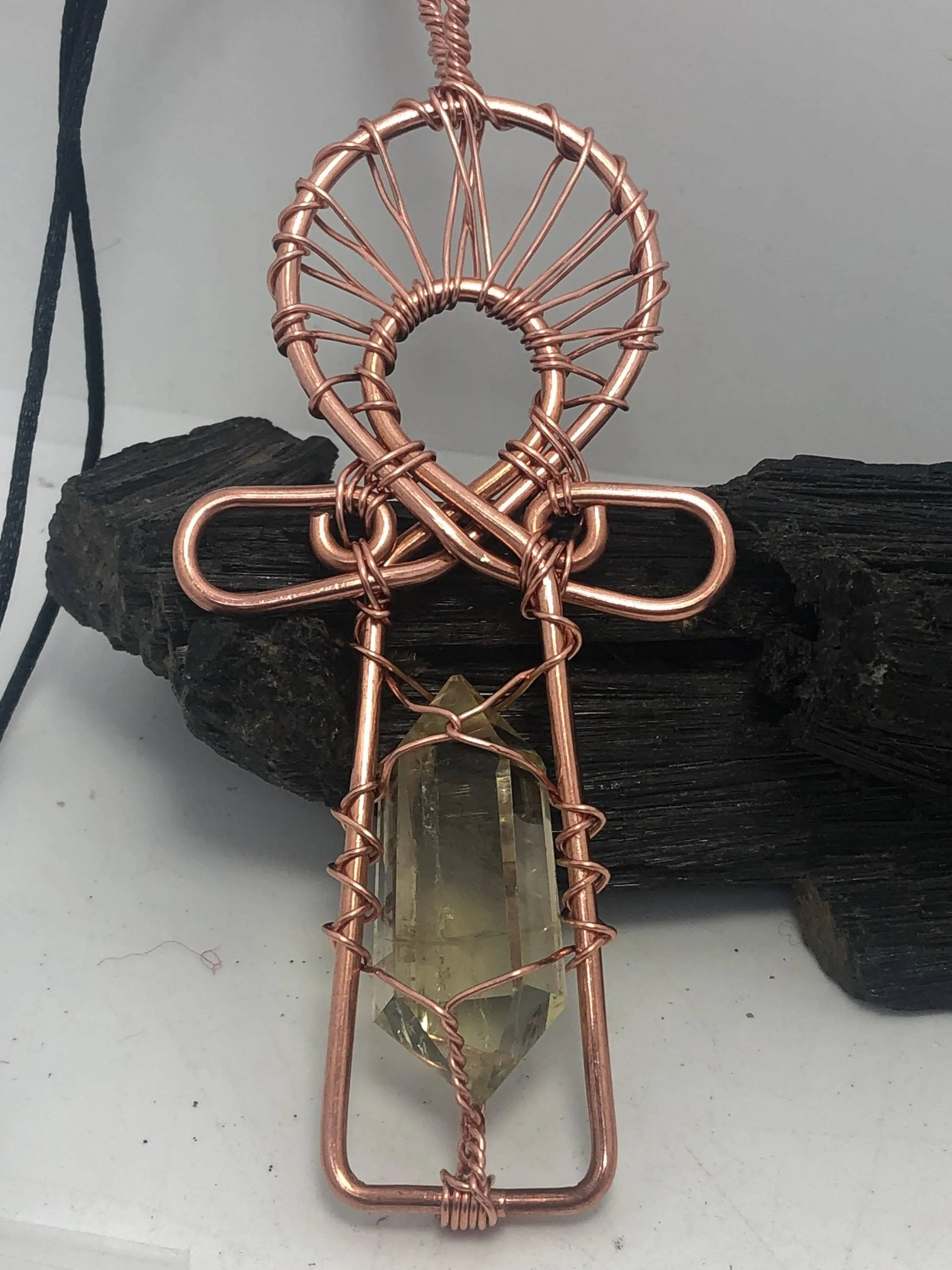 Citrine Kemetic Coptic Cross Copper Ankh Wirewrapped Pendant Necklace