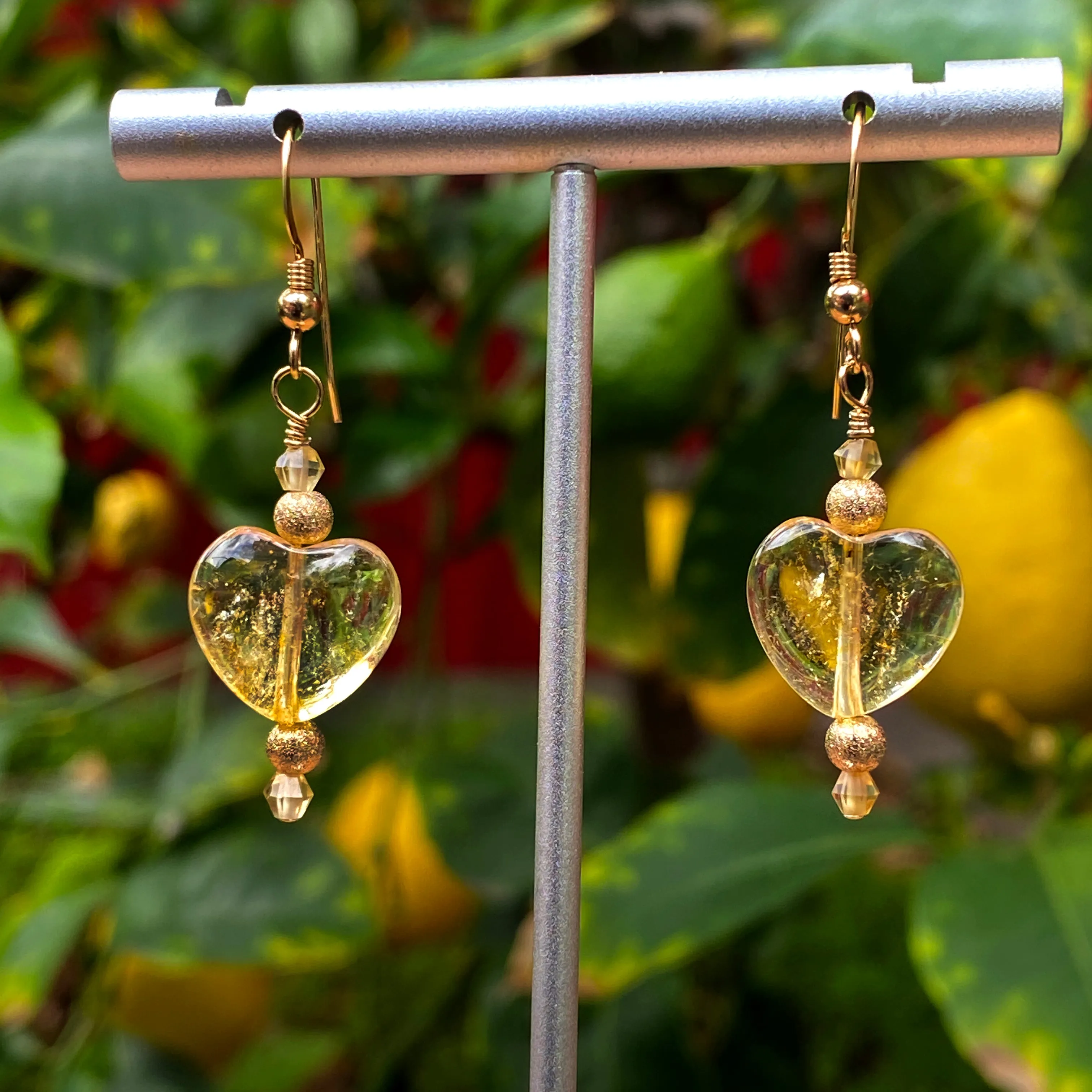 Citrine quartz Gemstone hearts and 14 kt gold fill drop earrings