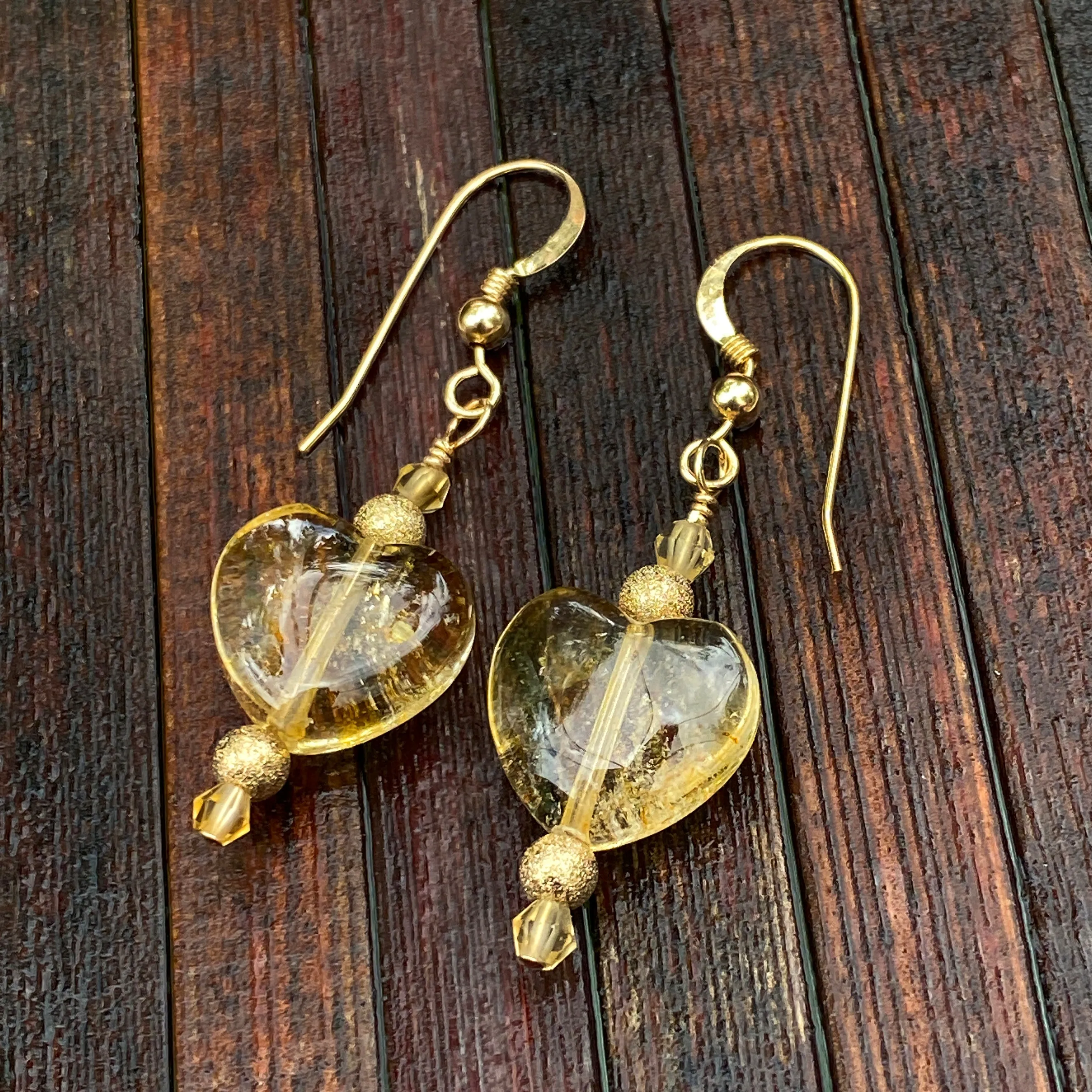 Citrine quartz Gemstone hearts and 14 kt gold fill drop earrings