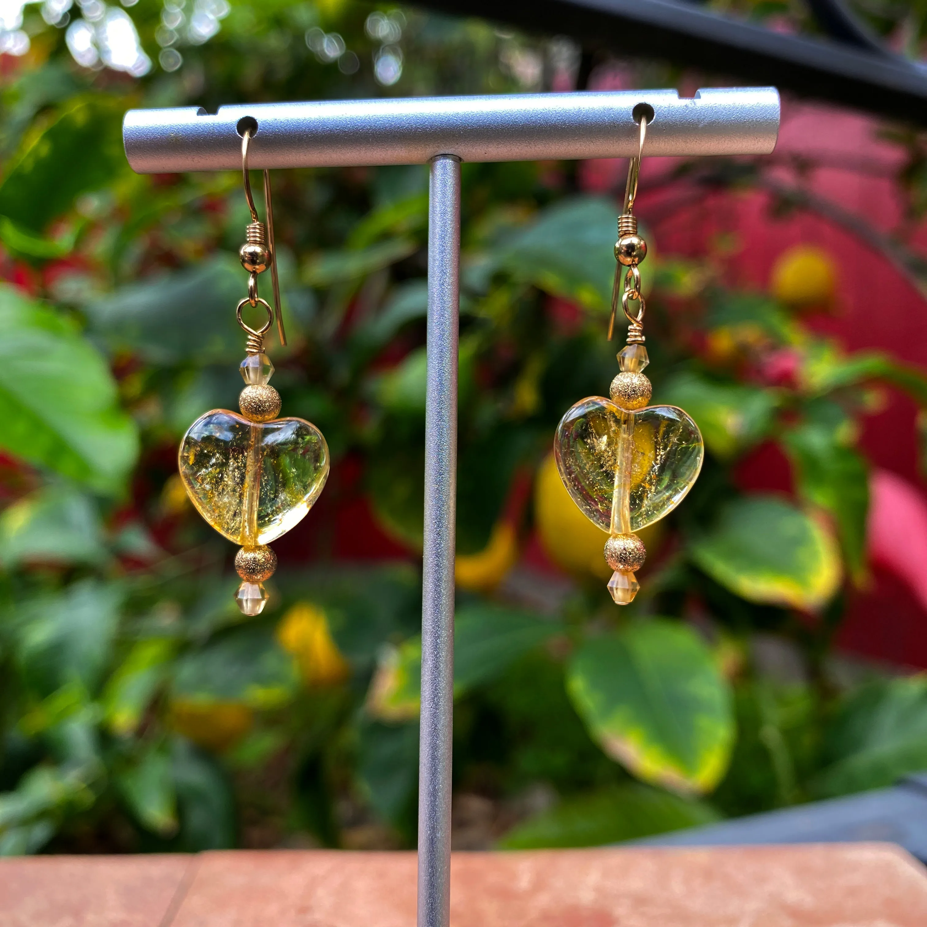 Citrine quartz Gemstone hearts and 14 kt gold fill drop earrings