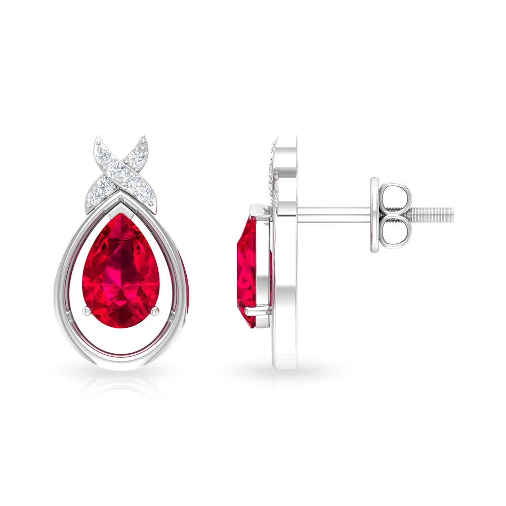 Classic Created Ruby and Diamond Teardrop Stud Earrings