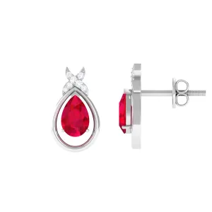 Classic Created Ruby and Diamond Teardrop Stud Earrings