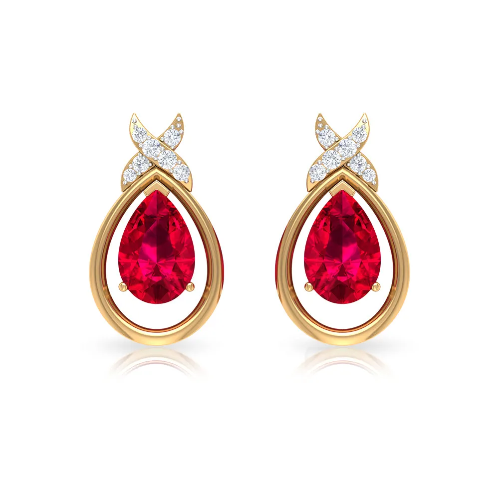 Classic Created Ruby and Diamond Teardrop Stud Earrings