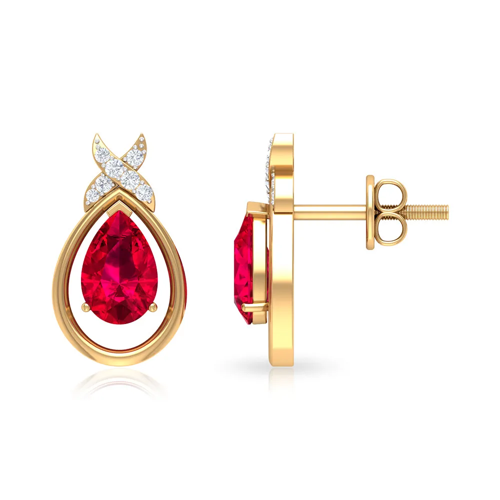 Classic Created Ruby and Diamond Teardrop Stud Earrings