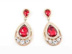 Classic Pear Shape Dangle Ruby Color Crystal Design Gold Tone Fashion Earrings