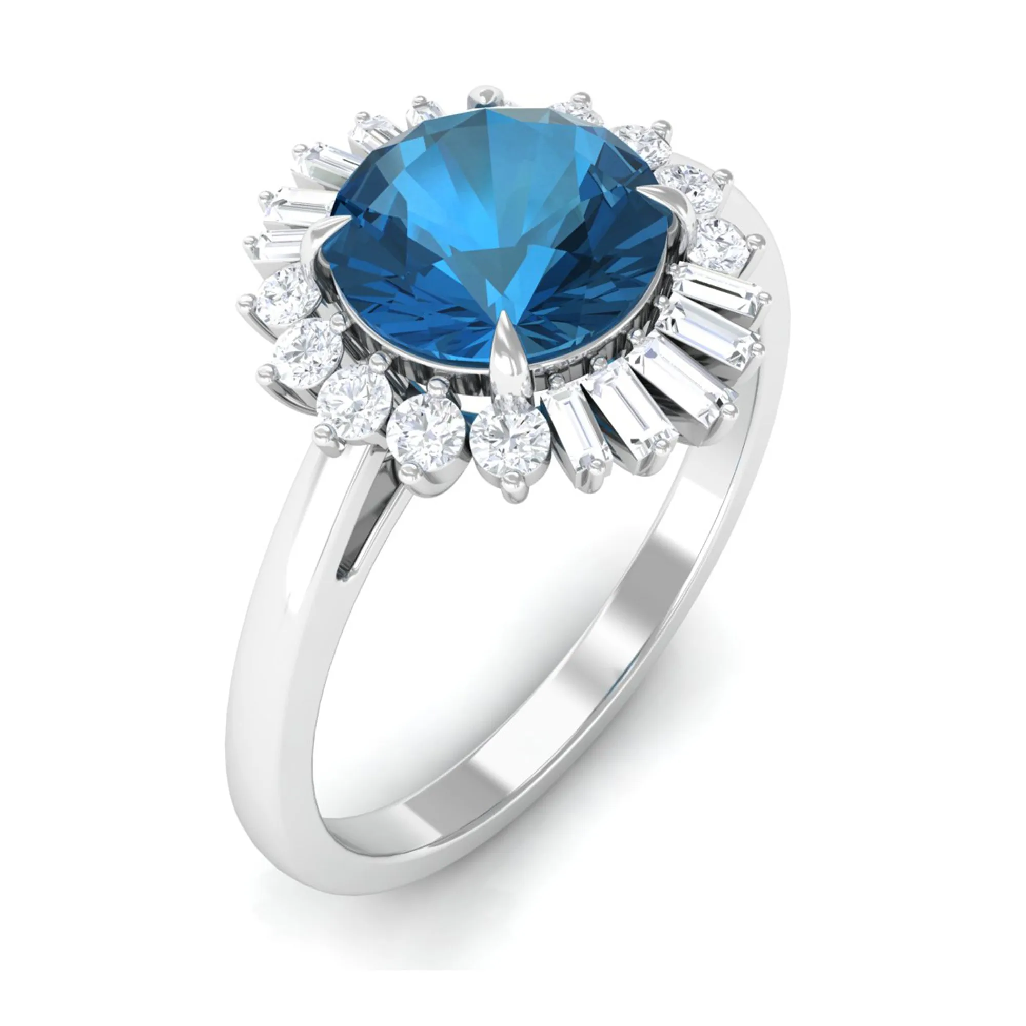 Claw Set London Blue Topaz Cocktail Ring with Diamond Halo