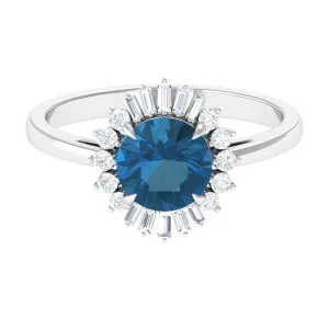 Claw Set London Blue Topaz Cocktail Ring with Diamond Halo