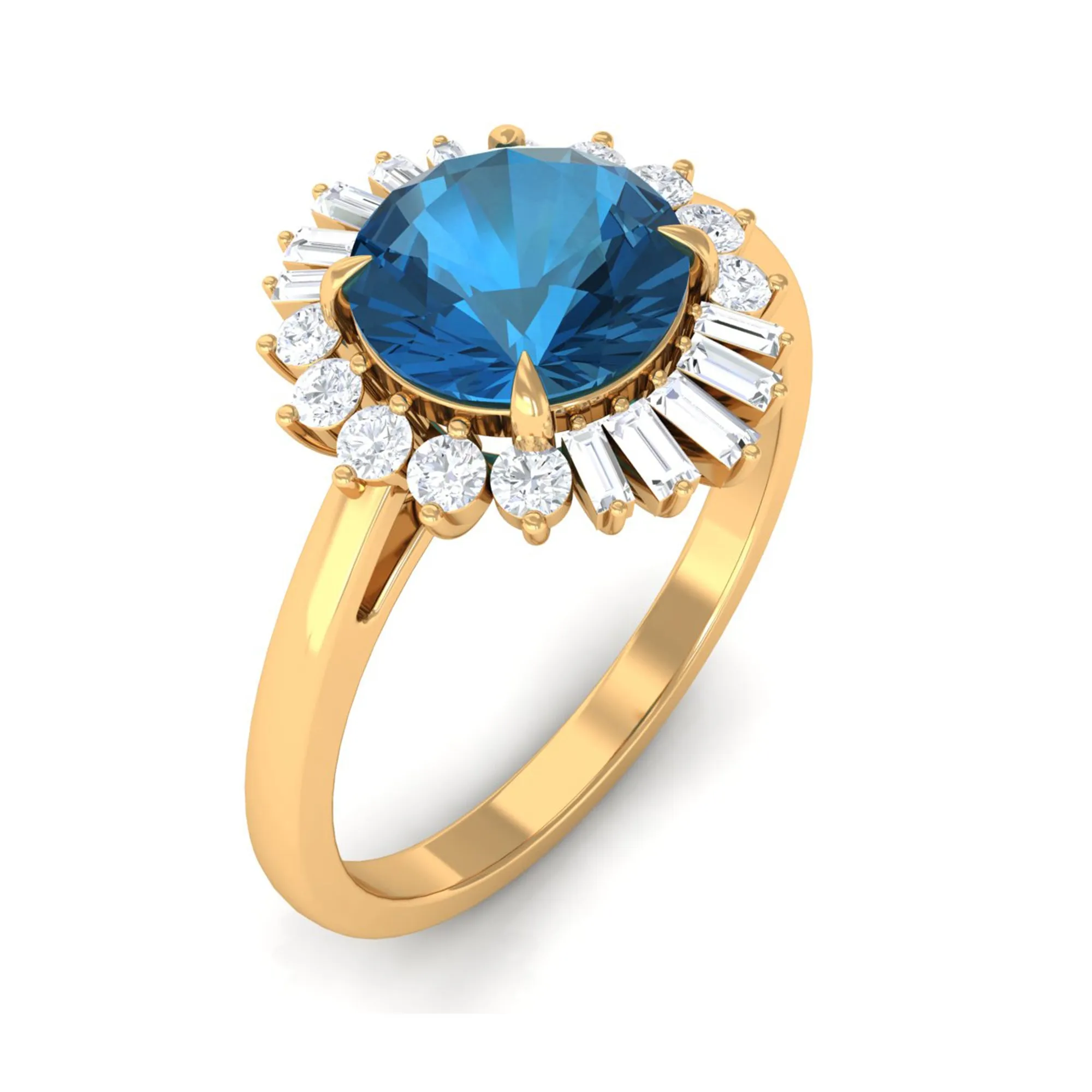 Claw Set London Blue Topaz Cocktail Ring with Diamond Halo