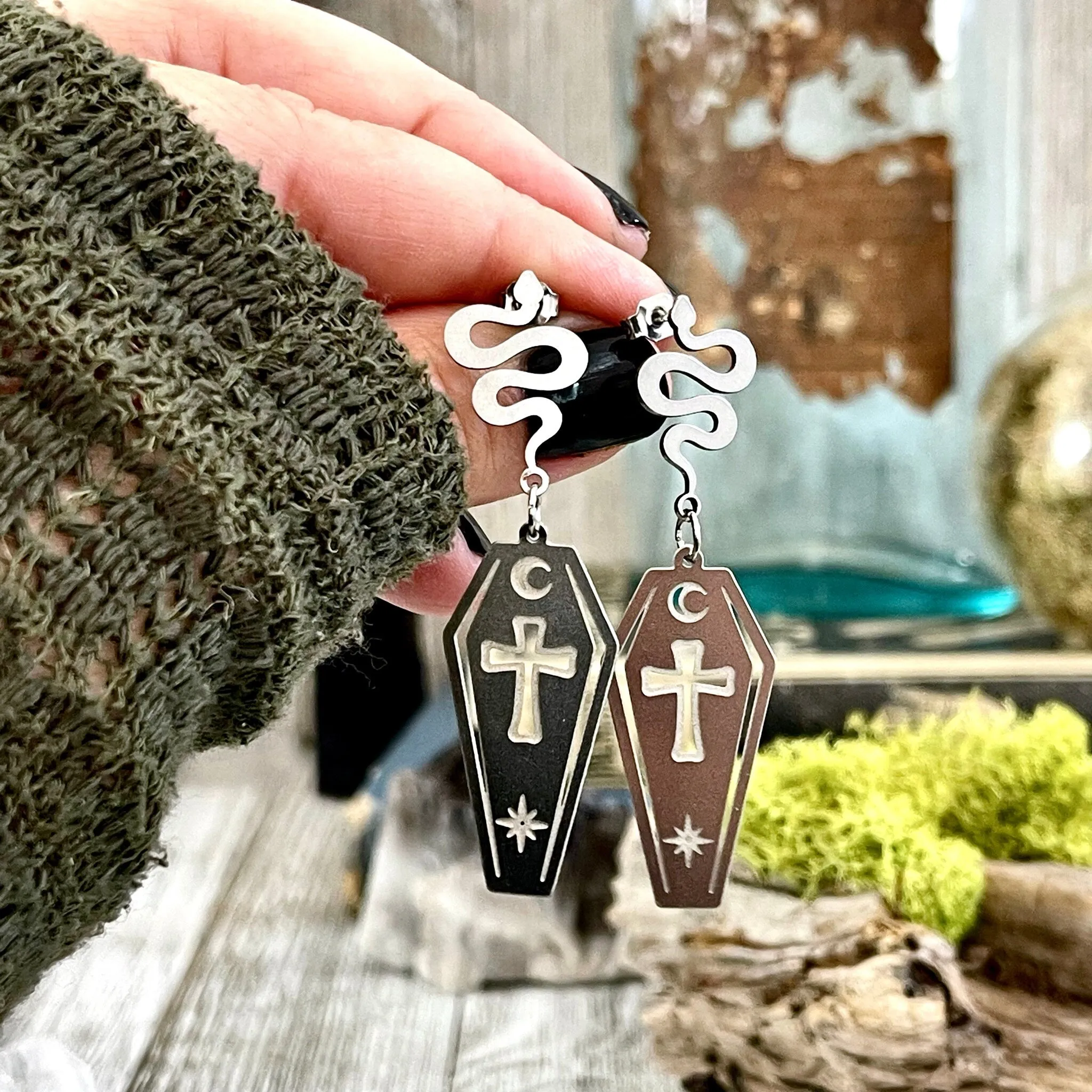 Coffin and Snake Earrings in Stainless Steel Earrings / Hypoallergenic Gothic Earring