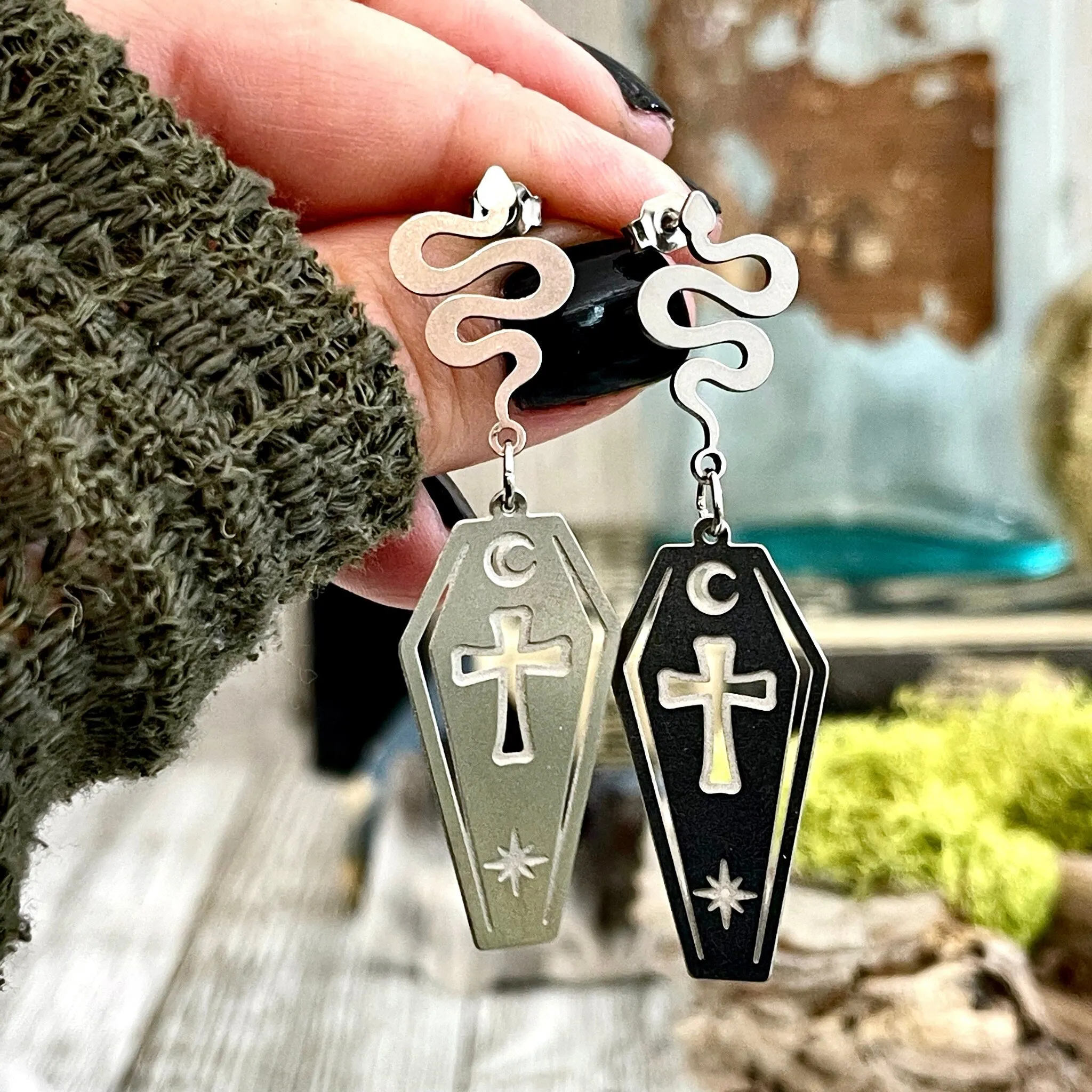 Coffin and Snake Earrings in Stainless Steel Earrings / Hypoallergenic Gothic Earring