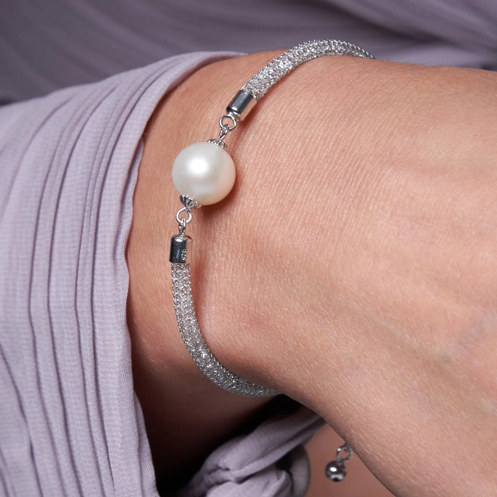 Credo silver mesh crystal bracelet with cultured freshwater pearl