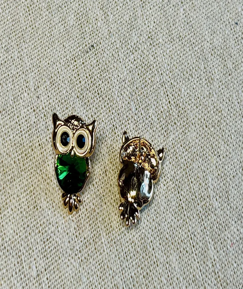 Crystal Owl Stud Earrings Cute Emerald Green