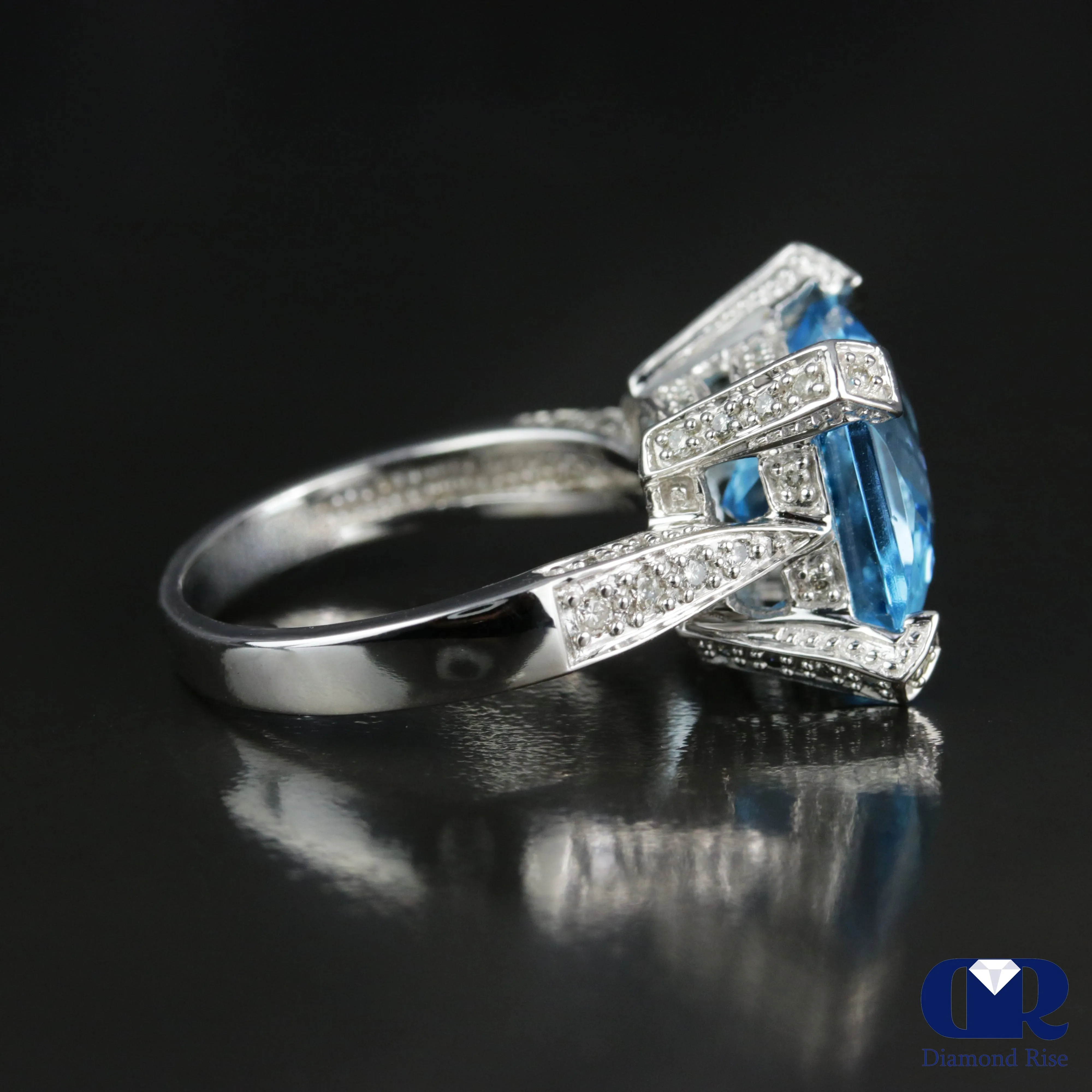 Cushion Cut Blue Topaz & Diamond Cocktail & Right Hand Ring In 14K Gold