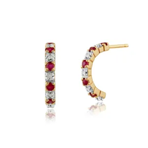 Damen 375 Gold 9 Karat Gelbgold Rund Rubin & Diamant Ewigkeit Stil Halb Creolen Rot