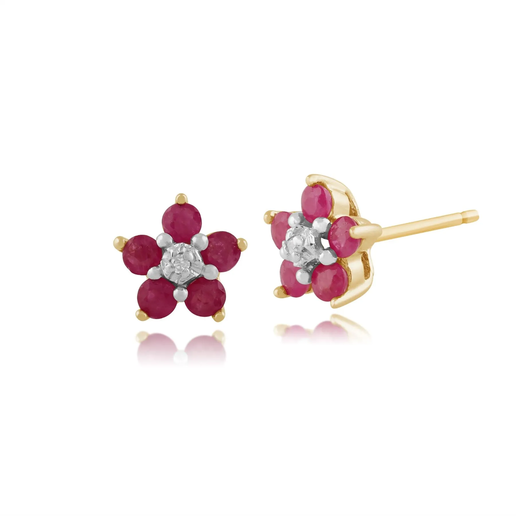 Damen 375 Gold 9ct Gelbgold Rund Fünf Rubin & Diamant Blumen Cluster Ohrstecker Rot