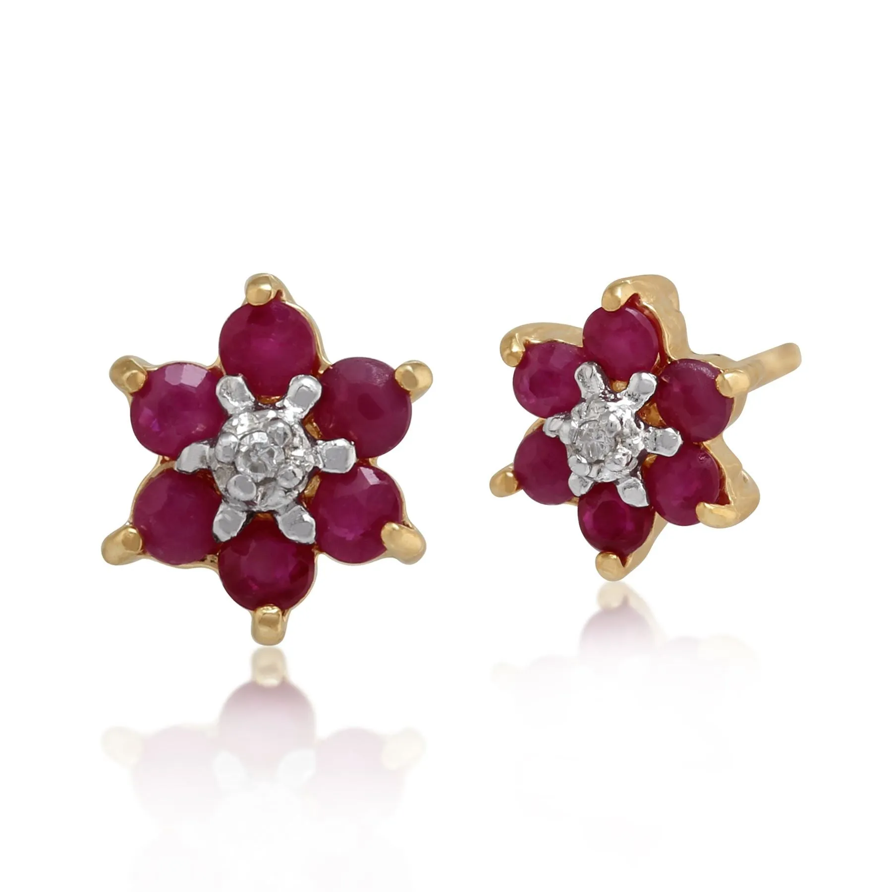 Damen 375 Gold 9ct Gelbgold Rund Six Rubin & Diamant Blumen Cluster Ohrstecker Rot