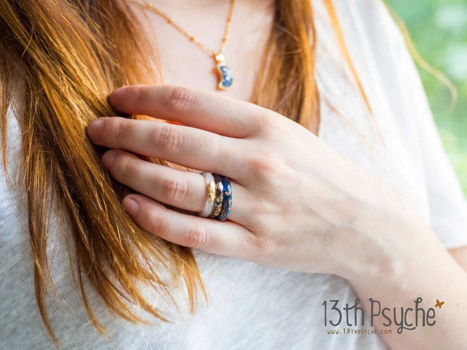 Dark blue and rose gold flakes faceted resin ring