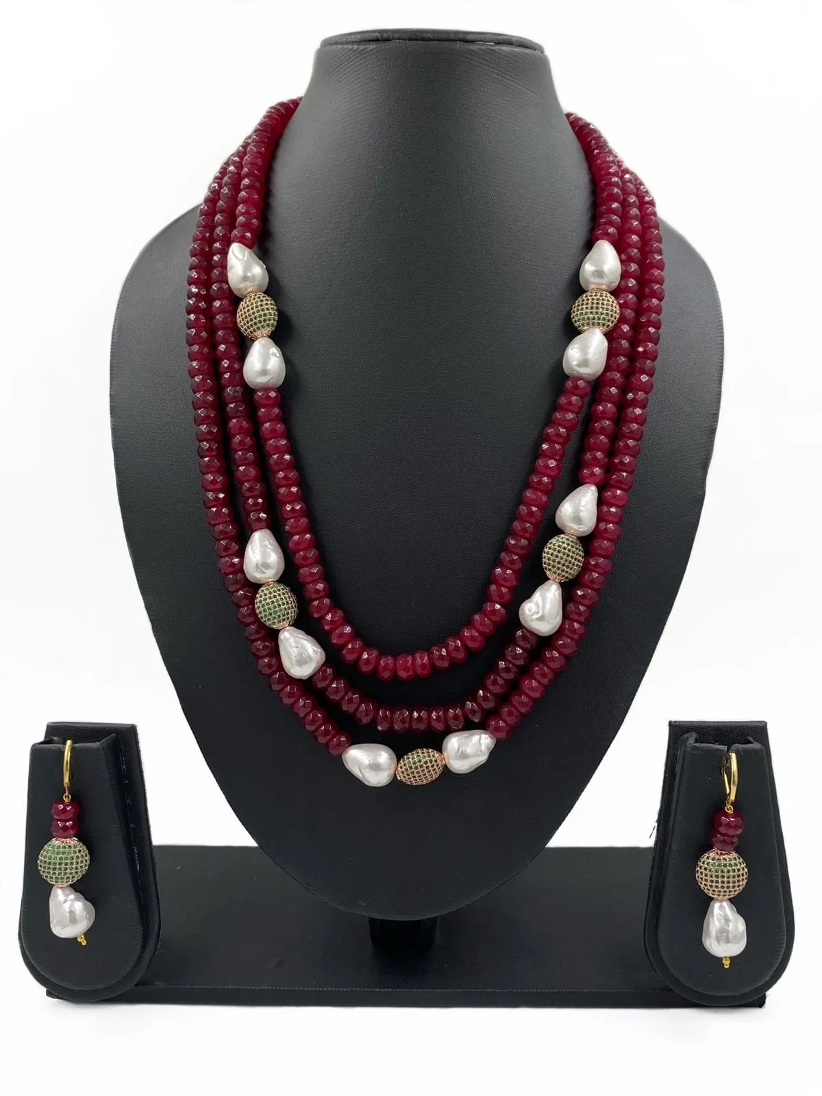 Designer Look Fancy Red Jade And Pearl Layered Beads Necklace For Women