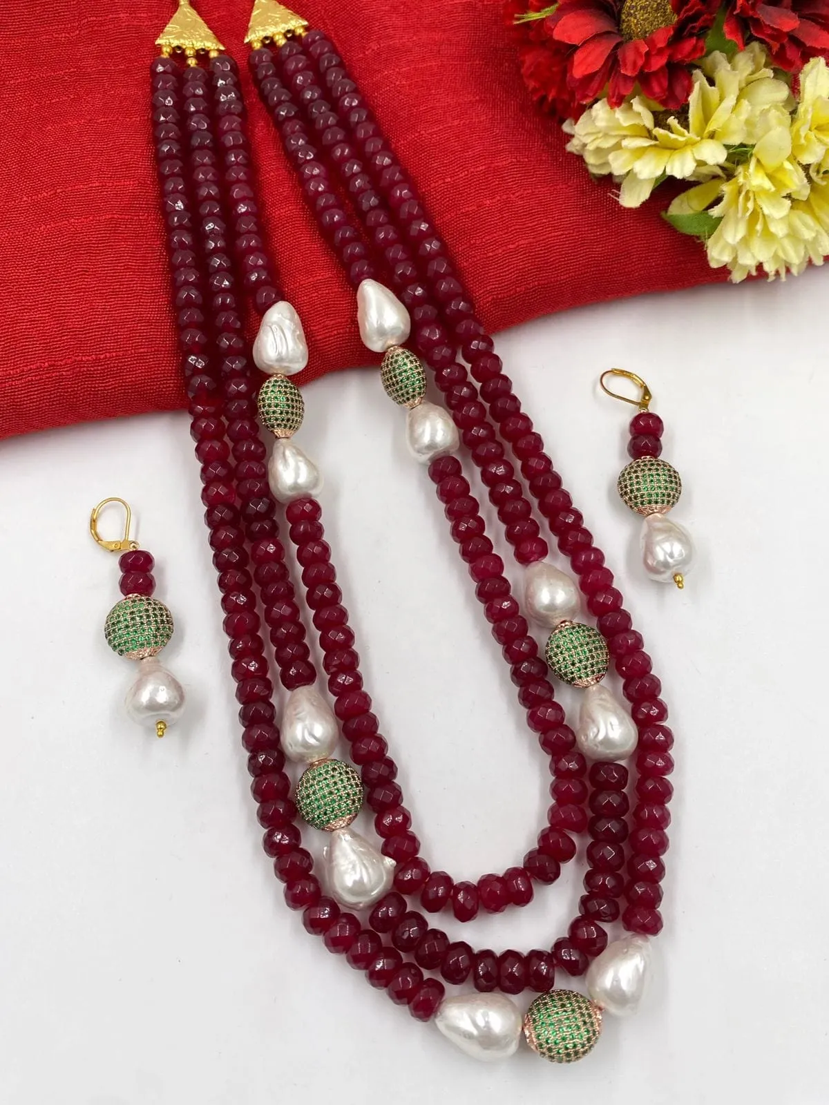 Designer Look Fancy Red Jade And Pearl Layered Beads Necklace For Women