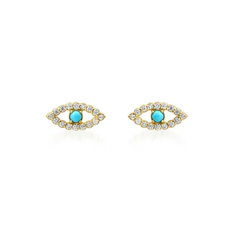 Diamond Mini Open Evil Eye Studs with Turquoise Center