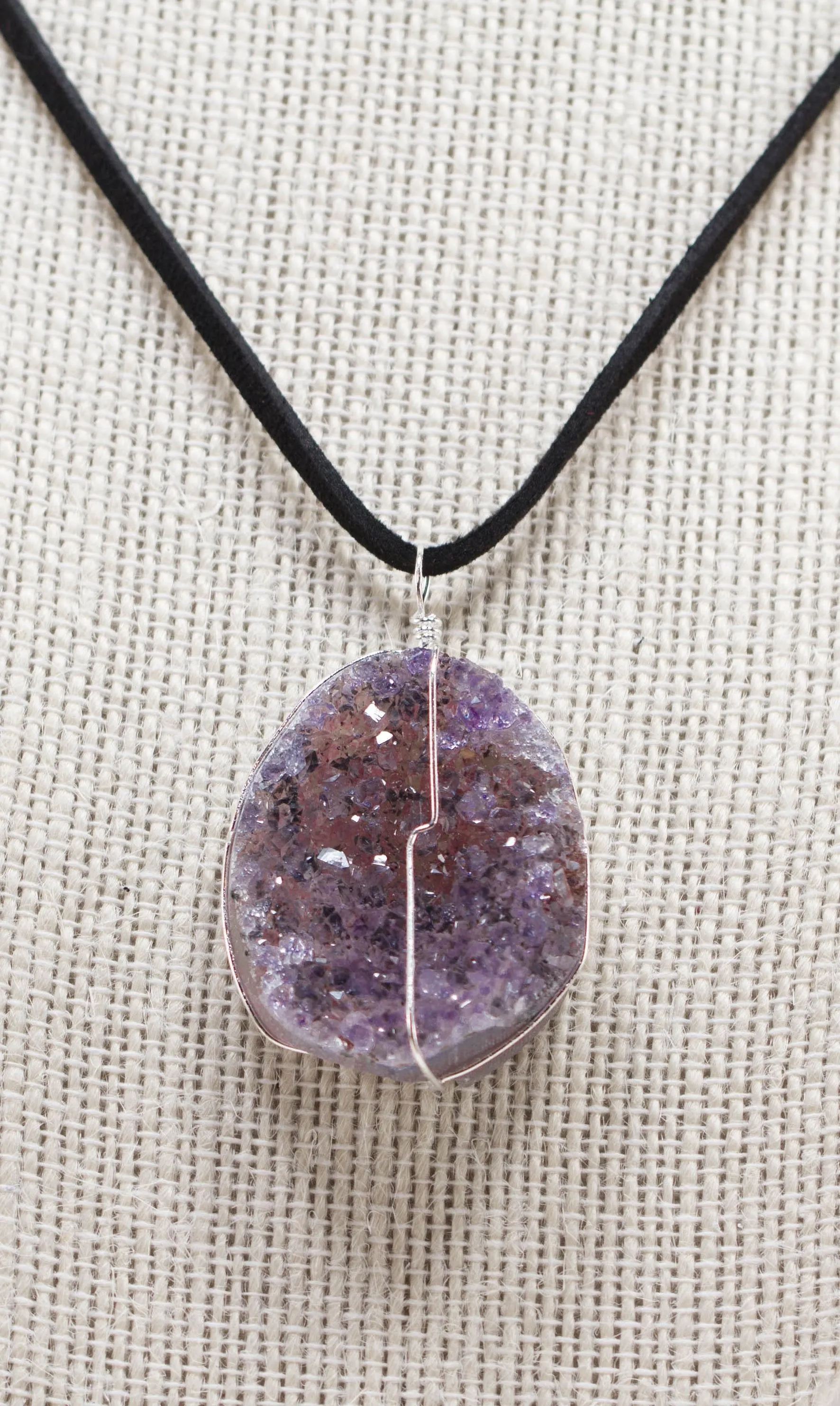 Druse Crystal Pendant on Leather Necklace