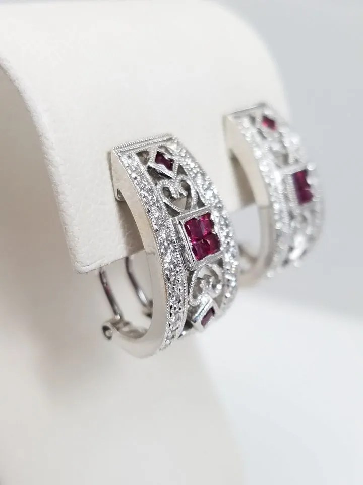 Elegant 14k White Gold Ruby Diamond Huggie Earrings