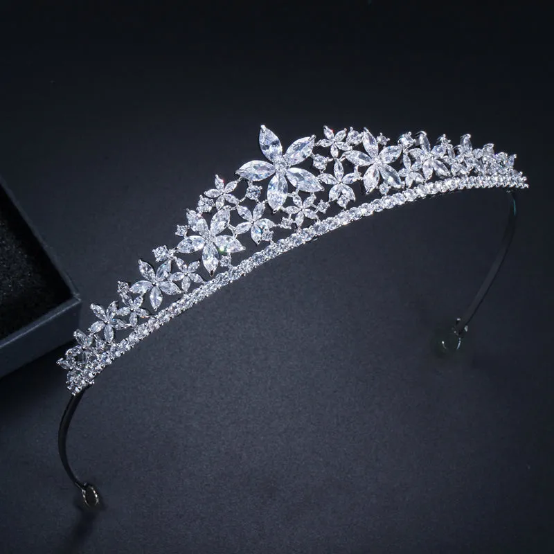 Elegant Marquise Cut Cubic Zirconia Flower Bridal Wedding  Tiara Crown