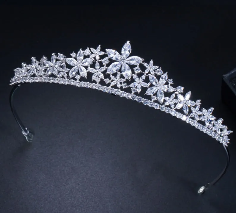 Elegant Marquise Cut Cubic Zirconia Flower Bridal Wedding  Tiara Crown