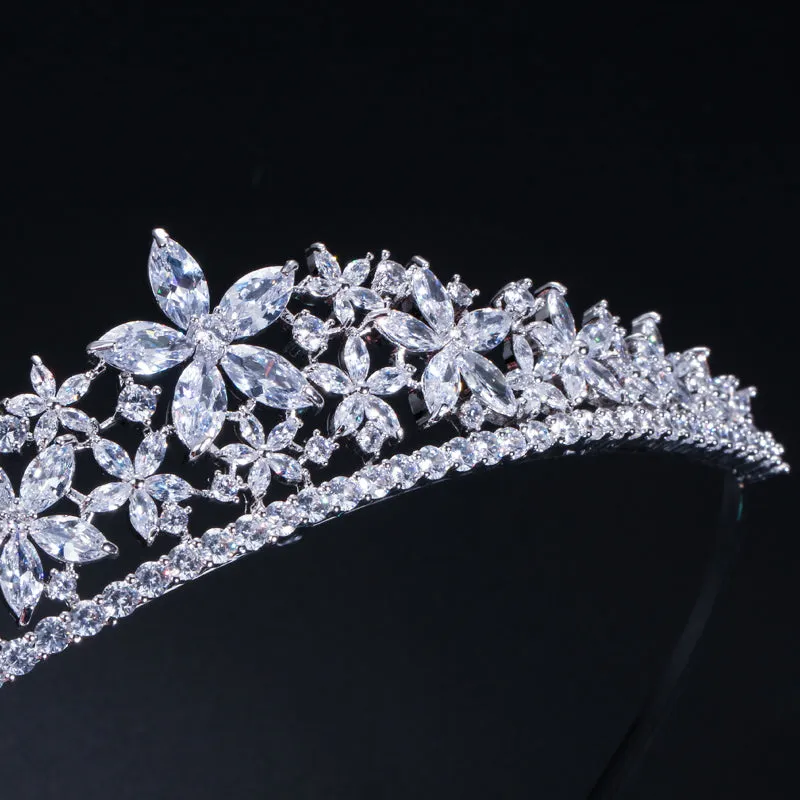 Elegant Marquise Cut Cubic Zirconia Flower Bridal Wedding  Tiara Crown