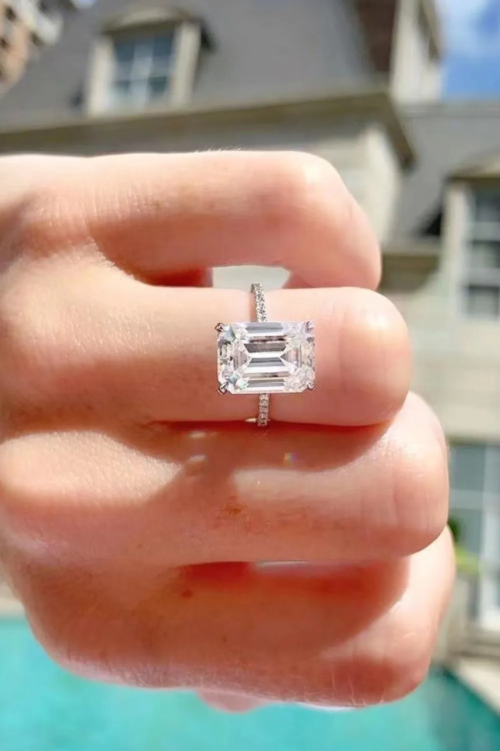 Emerald Cut Engagement Ring 5 Carat Moissanite Side Stone Cocktail Ring