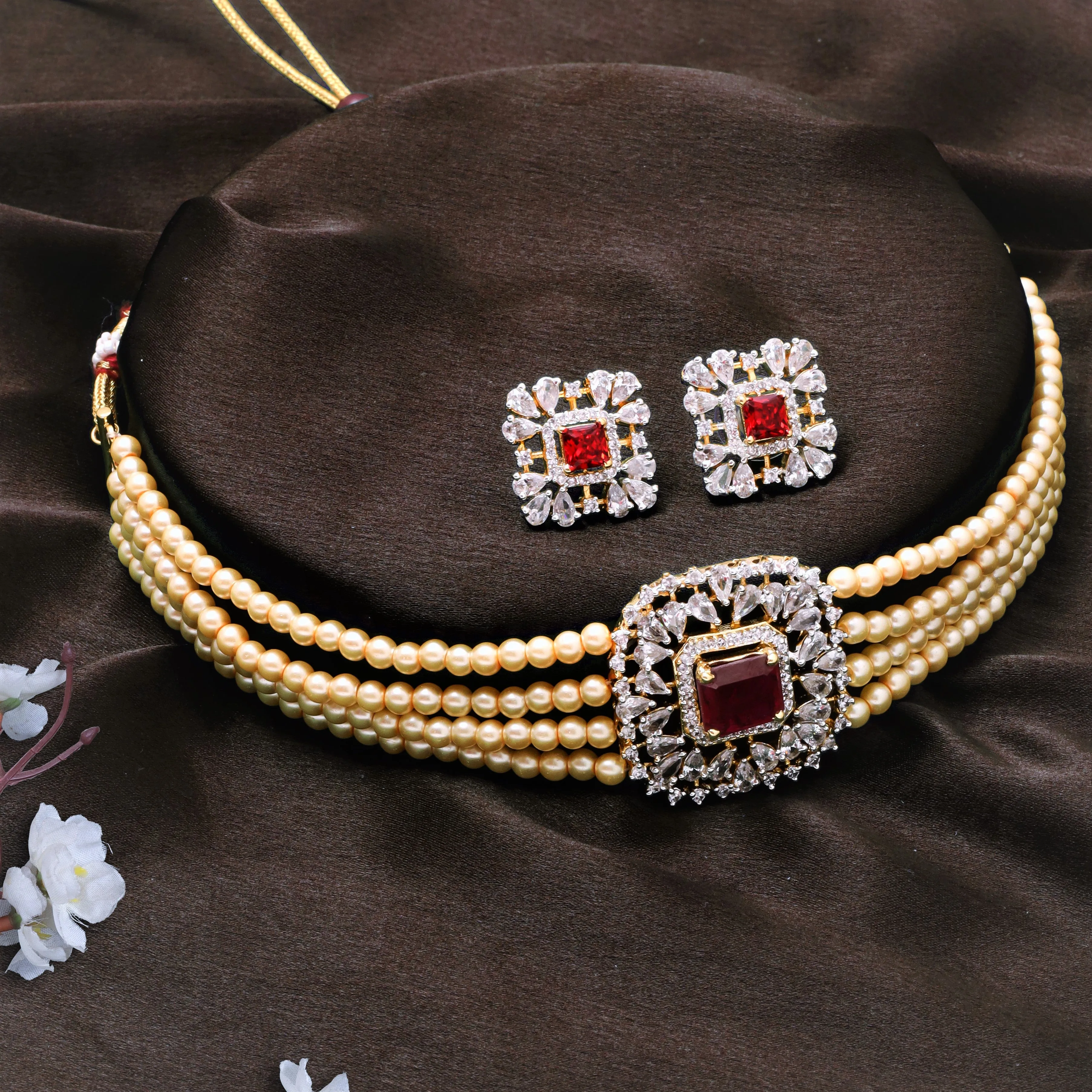 Estele - Ruby Diamond and Pearl Choker Necklace Set