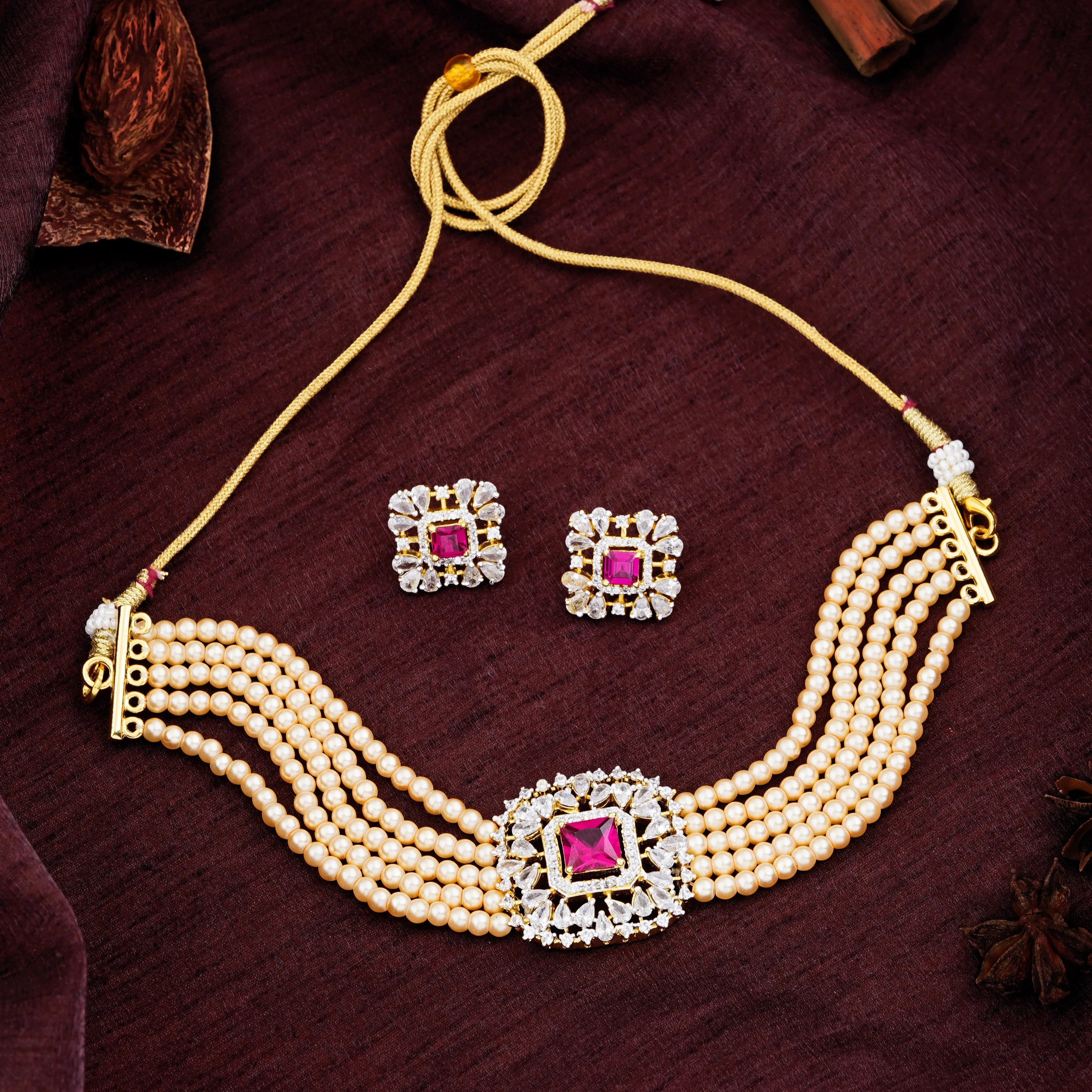 Estele - Ruby Diamond and Pearl Choker Necklace Set