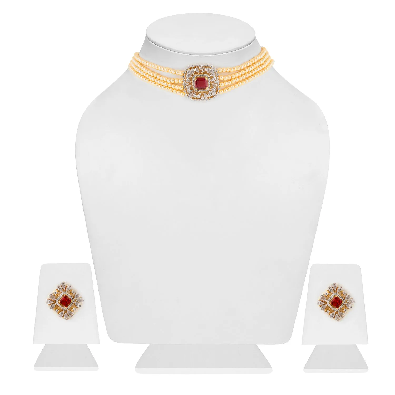 Estele - Ruby Diamond and Pearl Choker Necklace Set