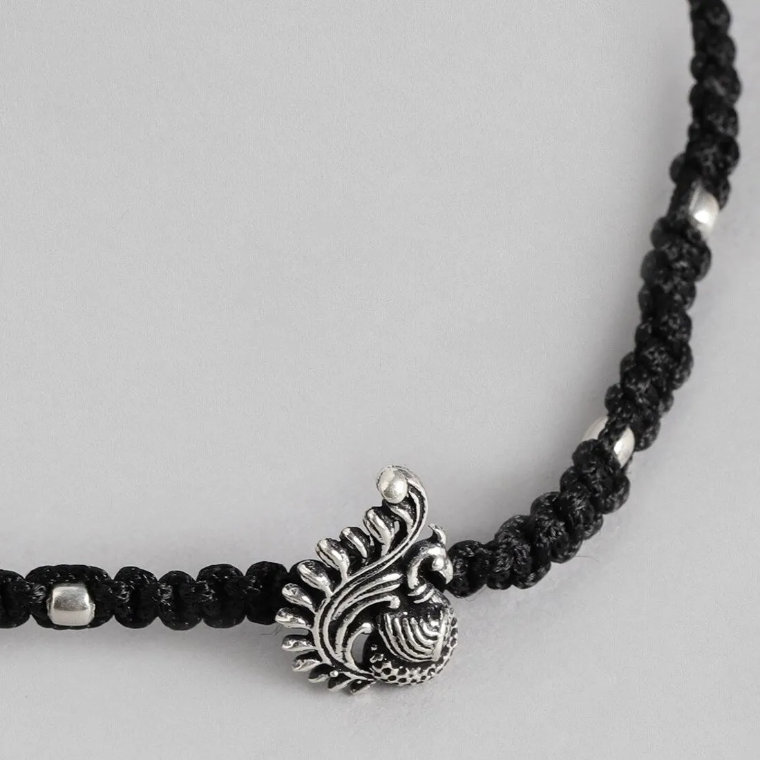 Ethereal Plumage Black Thread 925 Sterling Silver Peacock Anklet