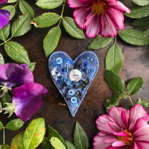 Fabric heart brooches in blues