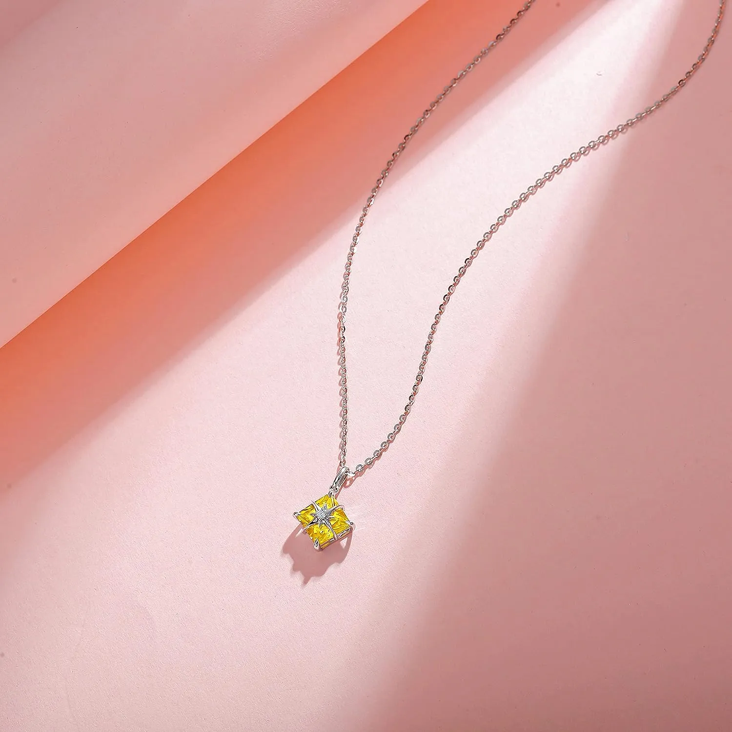 FANCIME "Princess Dream" Yellow Citrine November Square Gemstone Sterling Silver Necklace