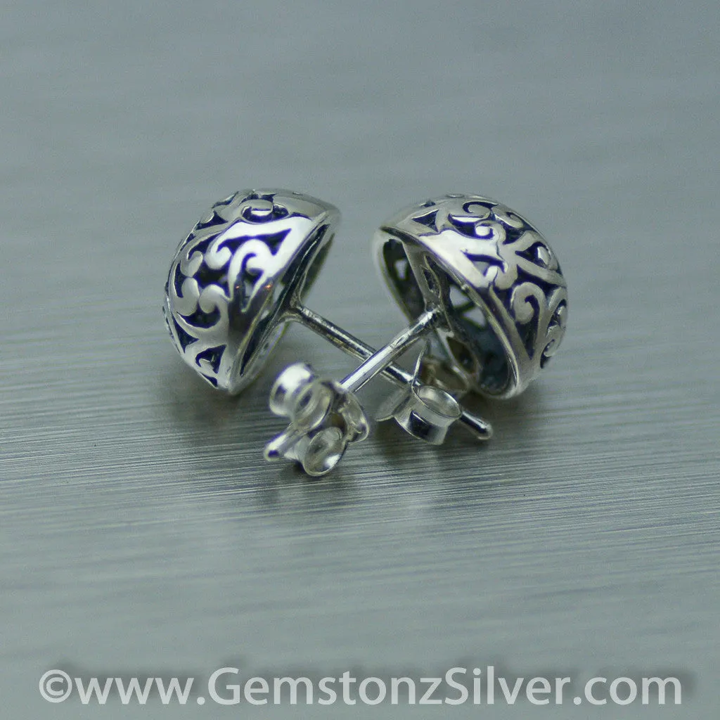 Filigree round dome sterling silver stud earrings