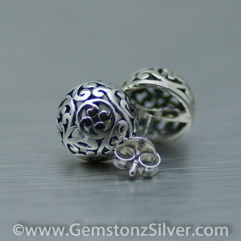 Filigree round dome sterling silver stud earrings