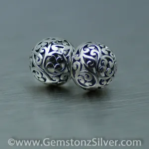 Filigree round dome sterling silver stud earrings